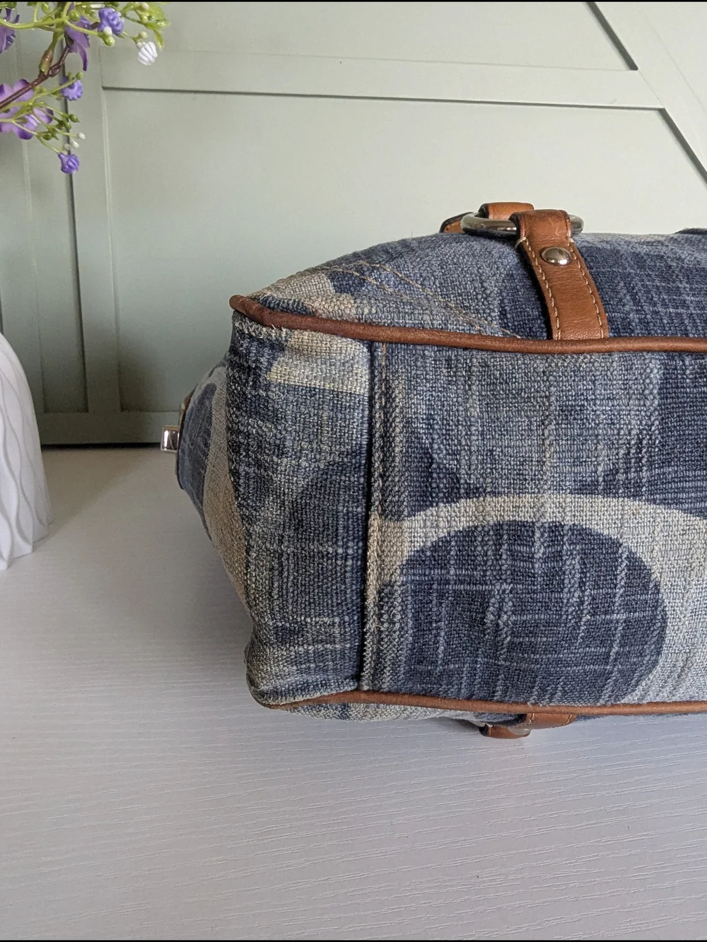 Coach Blue Pattern Logo Tote with Brown Trim